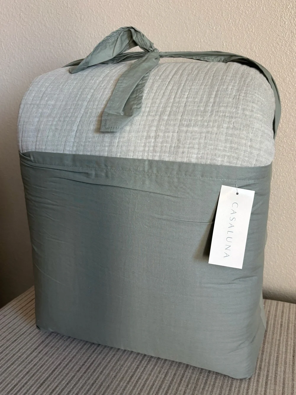 NWT Full/Queen Textured Chambray Cotton Comforter & Sham Set Sage Green Casaluna